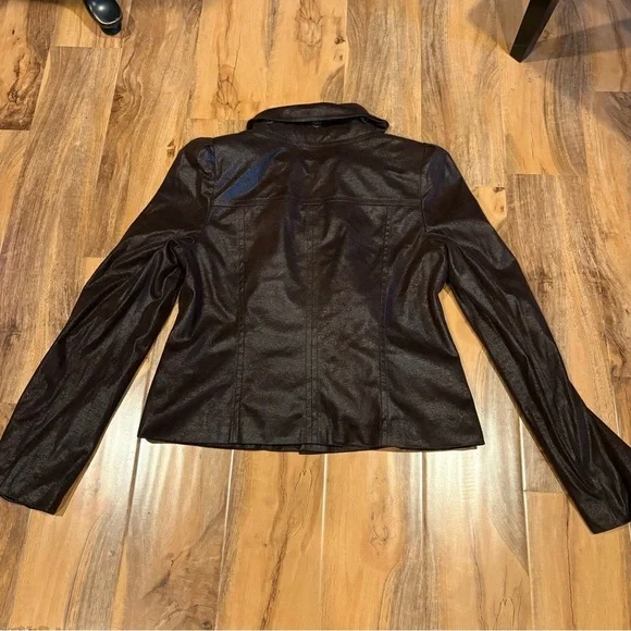 INC Women's Faux Leather Jacket L Ruffled Front Brown Short Coat Size Large - Picture 3 of 7